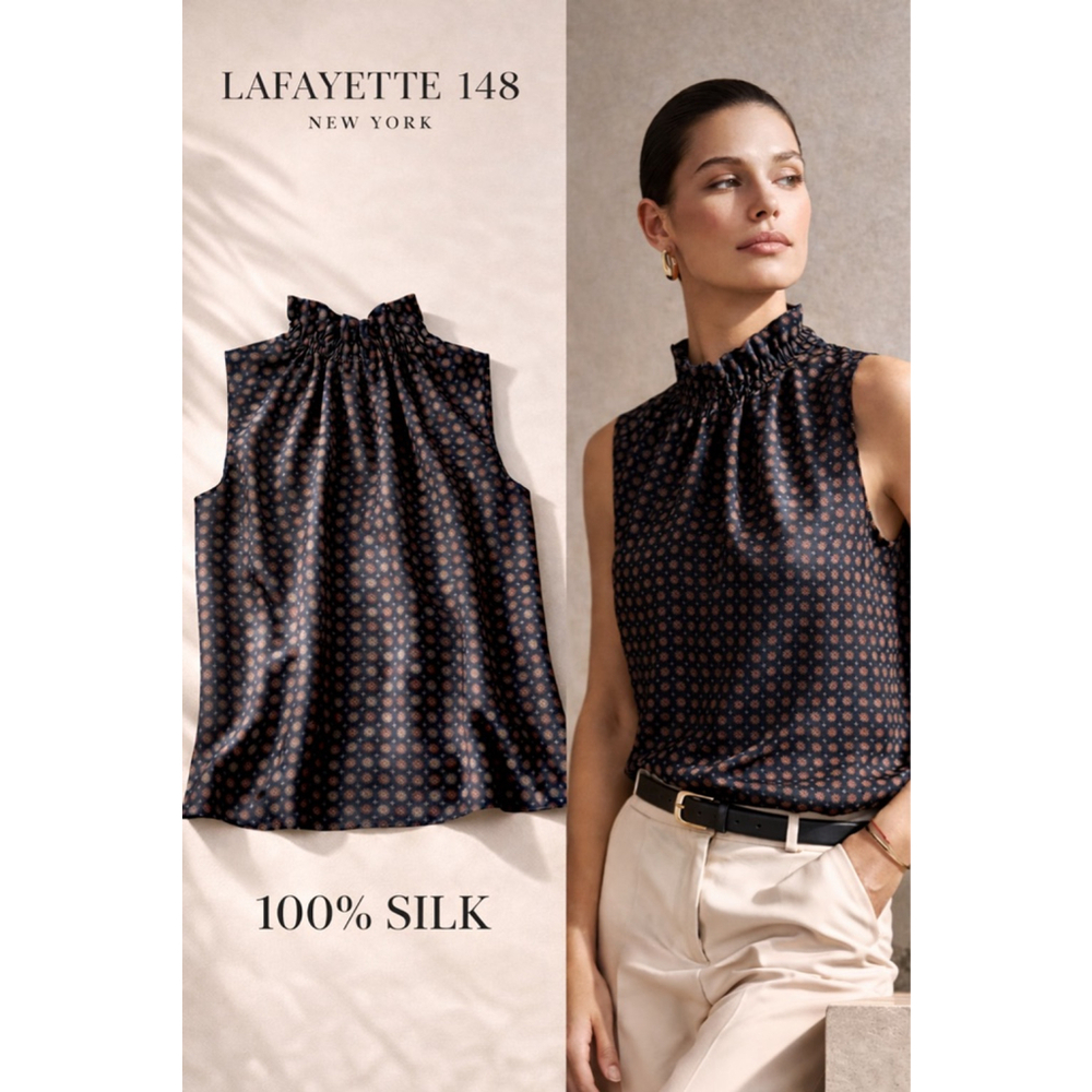 Lafayette 148 100% Silk Blouse Sleeveless High Neck Medallion Print S